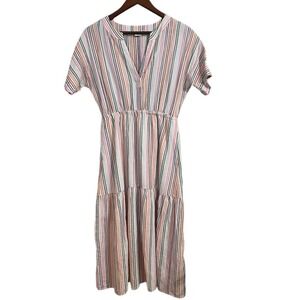 GAP Women's Size 0 Linen Blend Striped Midi Dress Tiered V Neck Short Sleeve‎